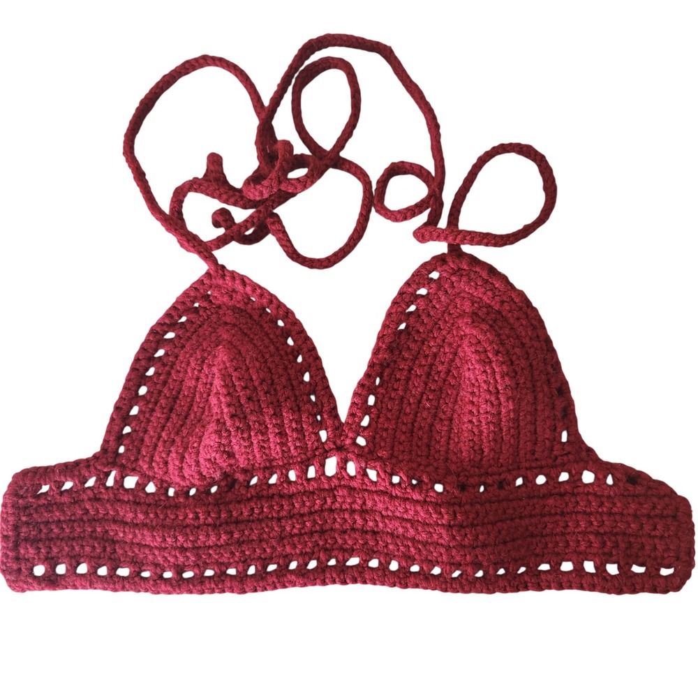 Crochet Bralette Halter‎ Top Wine Red Handmade Festival Beach Summer xs